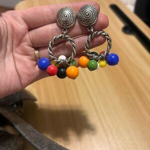 Vintage 80’s Silver Rope Colored Lucite Bead Dangle Hoop Earrings